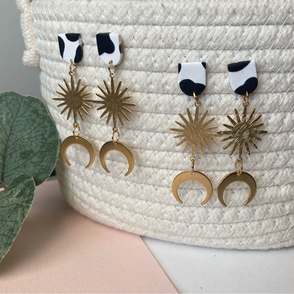 Handcrafted Clay Earrings-Sun & Moon, Cow Print, Lightweight Hypoallergenic- NEW